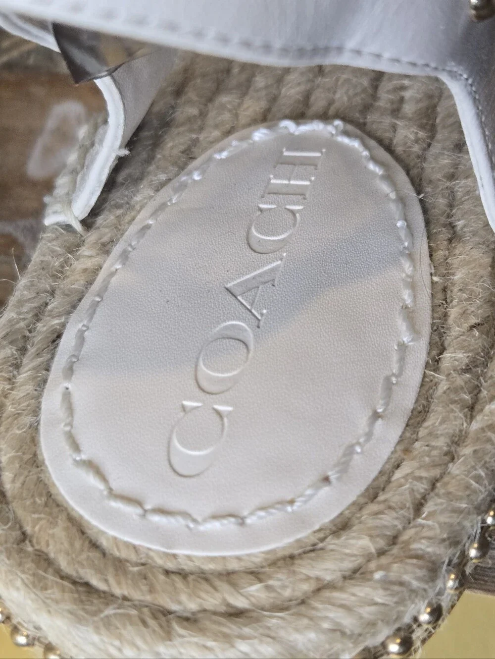 Coach White Leather Espadrille Sandals Gold Bead Trim Ankle Strap C2794 NWOT 9B